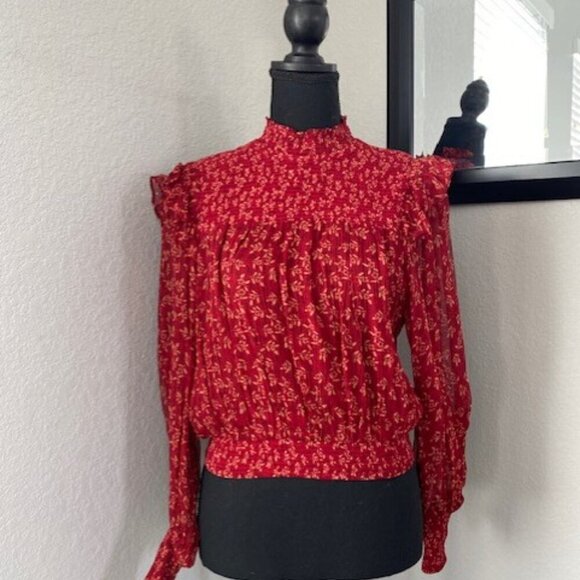 FREE PEOPLE Red Berry Roma Boho Floral Smocked Long Sleeve Blouse XS - Picture 6 of 16
